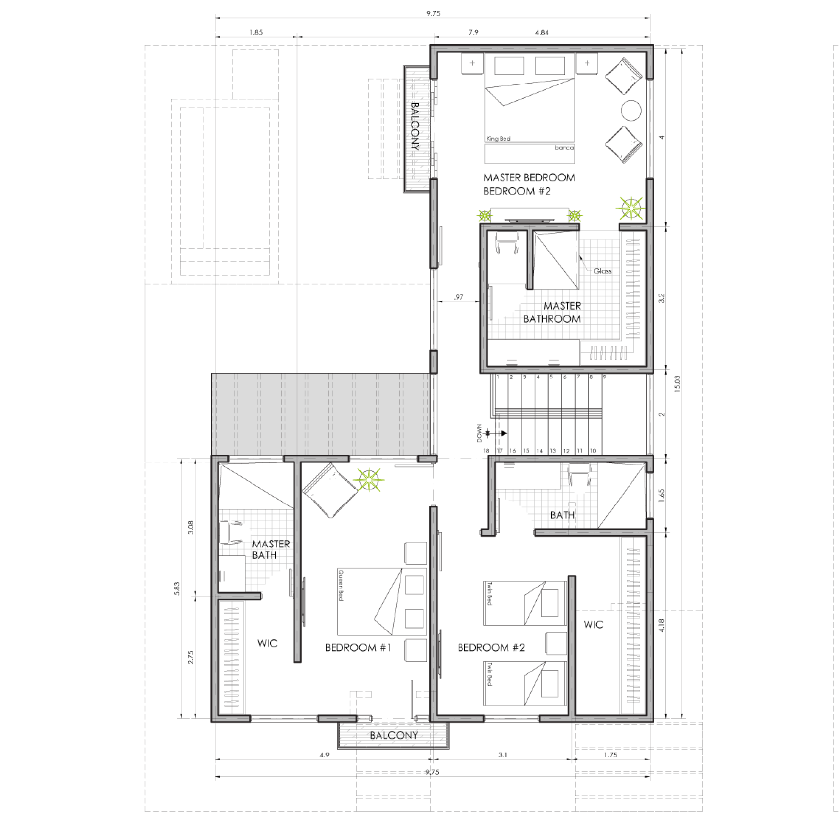 Sanctuary Boutique Residences Model Home B 4-bedroom flex floor plan, second floor layout, Golfito Costa Rica