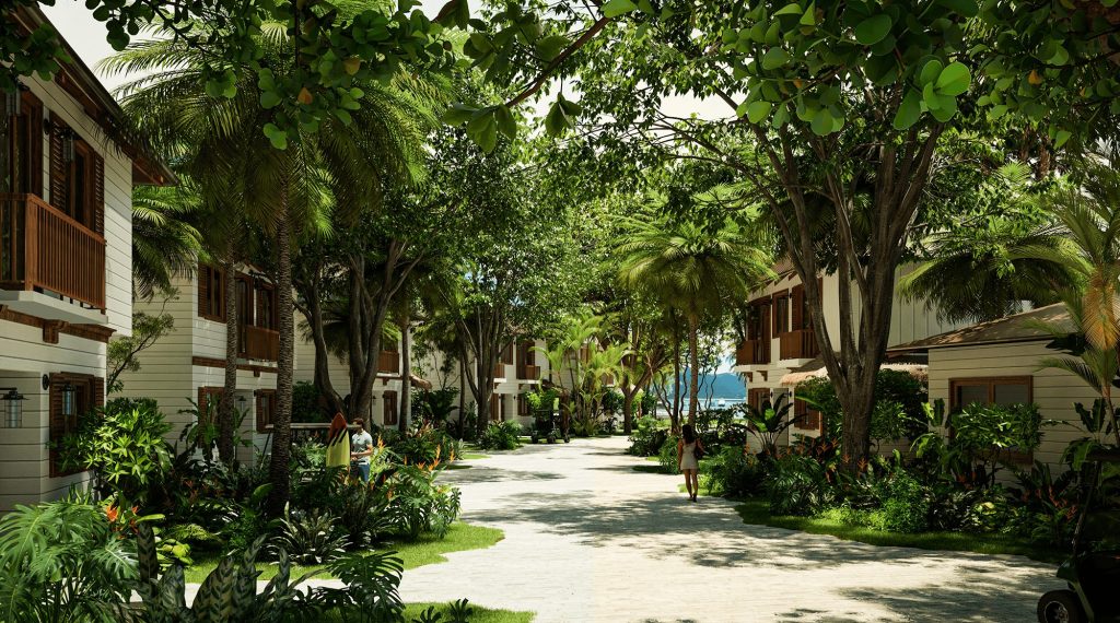 Rendering of Sanctuary, Boutique Residences near Golfito — tropical homes, walking paths, and a footbridge surrounded by jungle.