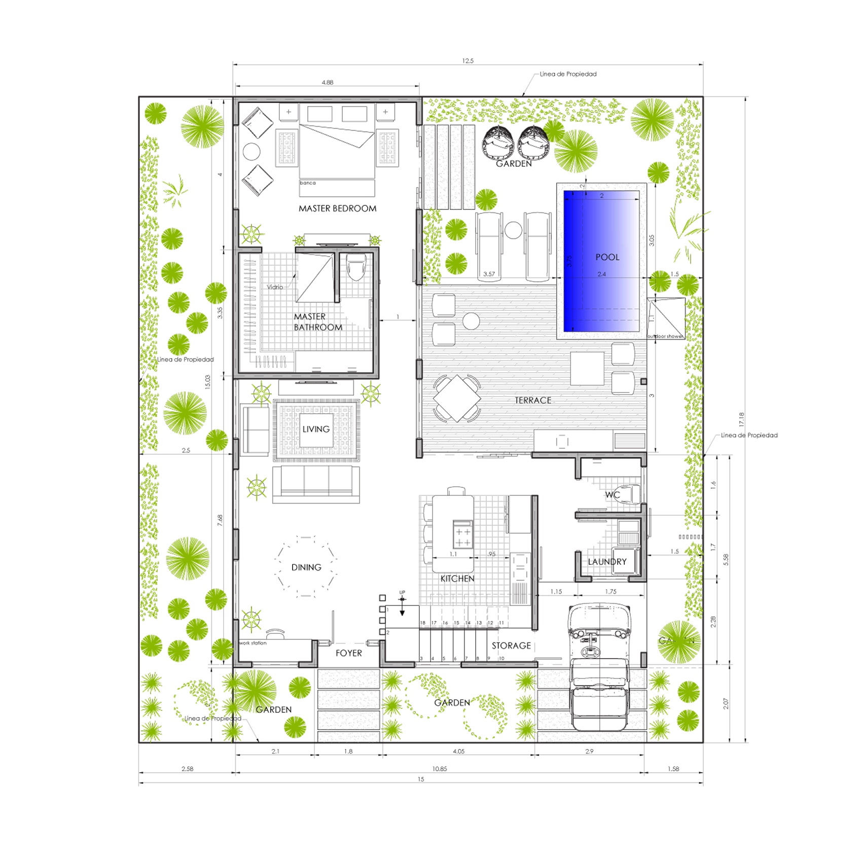 Sanctuary Boutique Residences Model Home A 3-bedroom floor plan, 1,118 sq ft first floor with private pool, Golfito Costa Rica