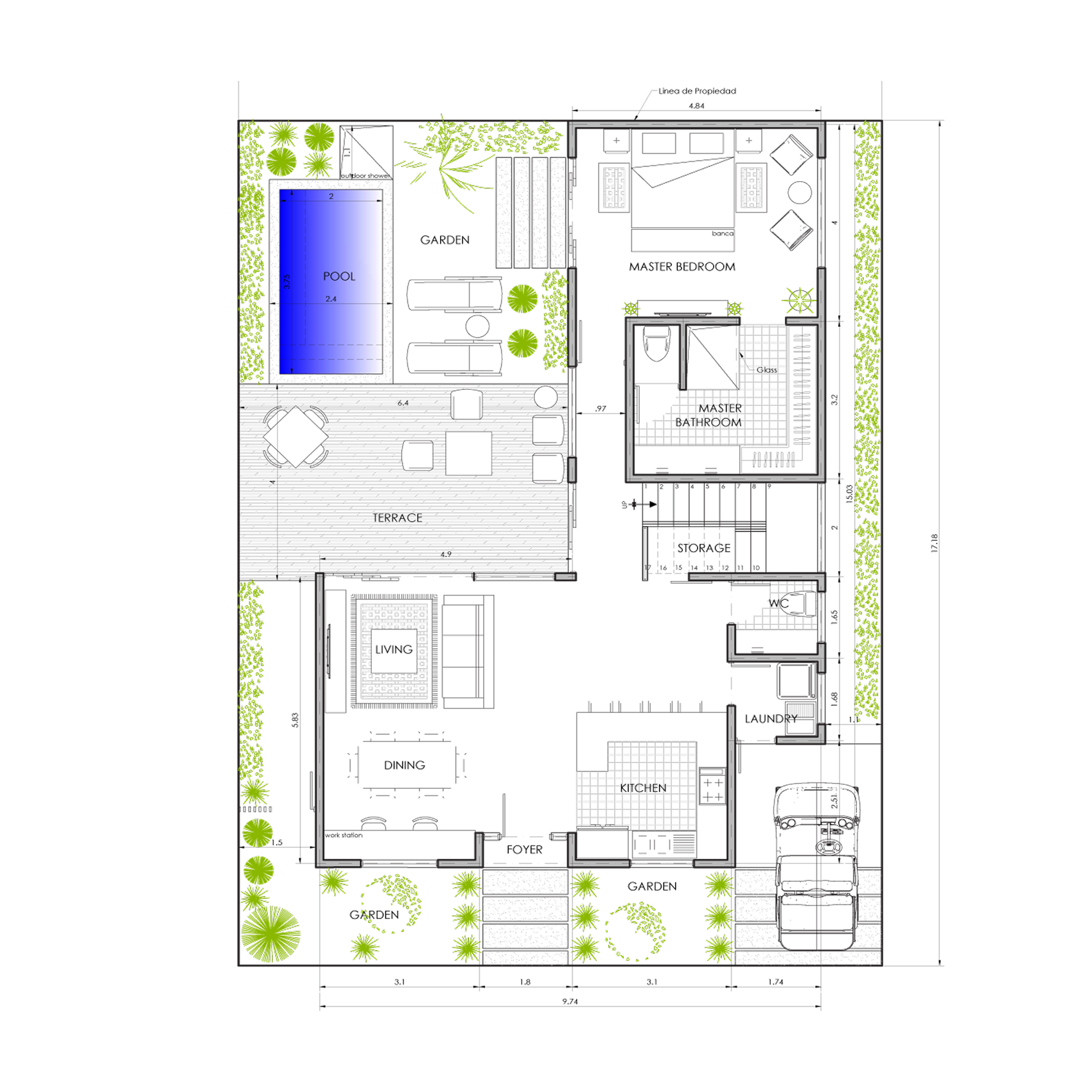 Sanctuary Boutique Residences Model Home B 3-bedroom floor plan, 1,087 sq ft first floor with private pool, Golfito Costa Rica