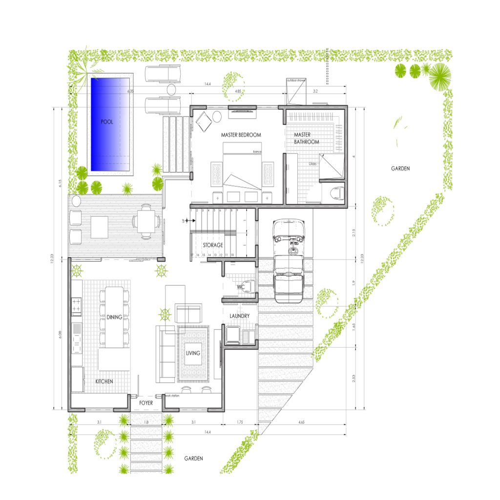 Sanctuary Boutique Residences Model Home C 3-bedroom floor plan, 1,118 sq ft first floor with private pool, Golfito Costa Rica