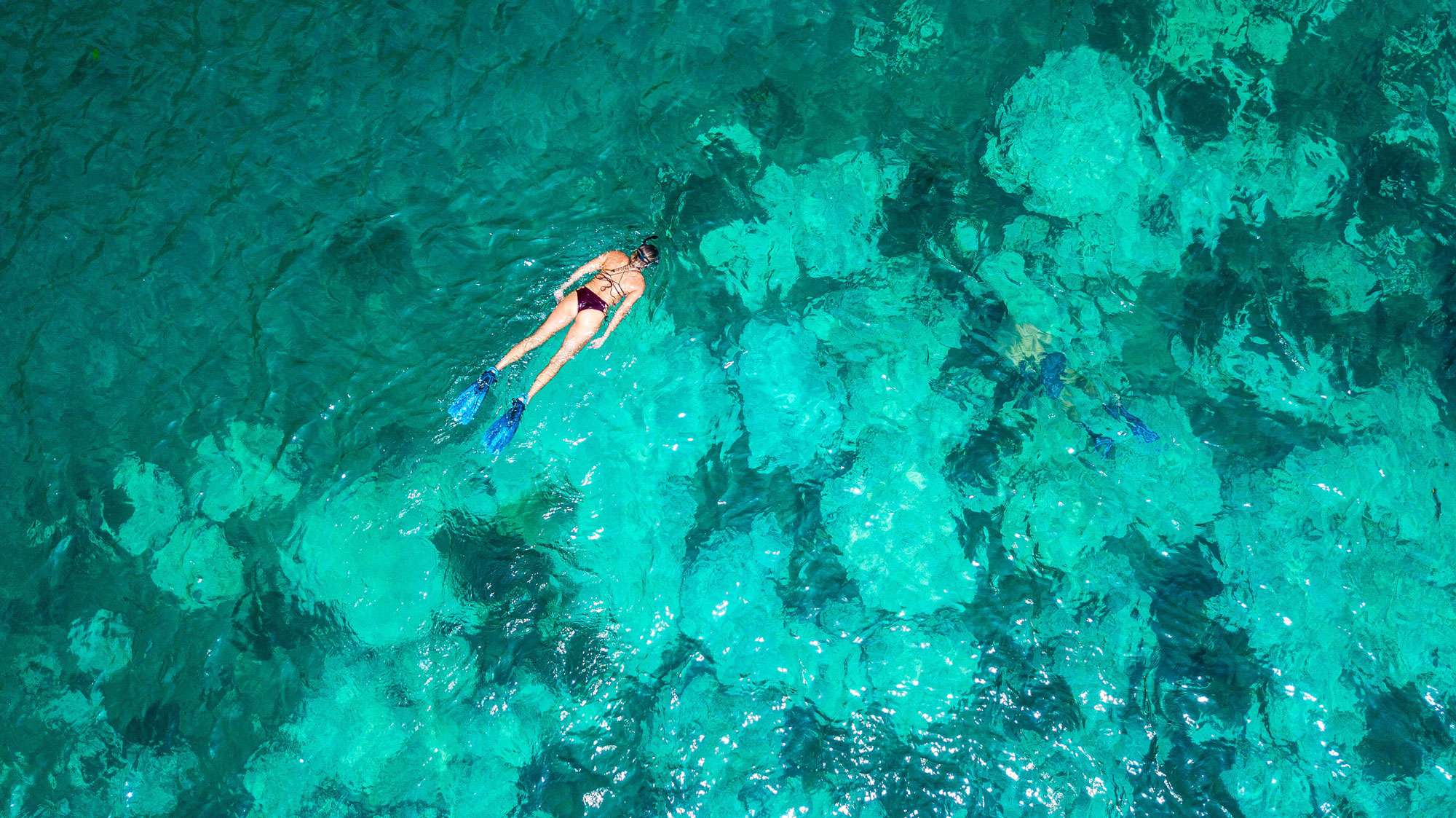 Aerial view of snorkeler over turquoise reef, Golfo Dulce Costa Rica