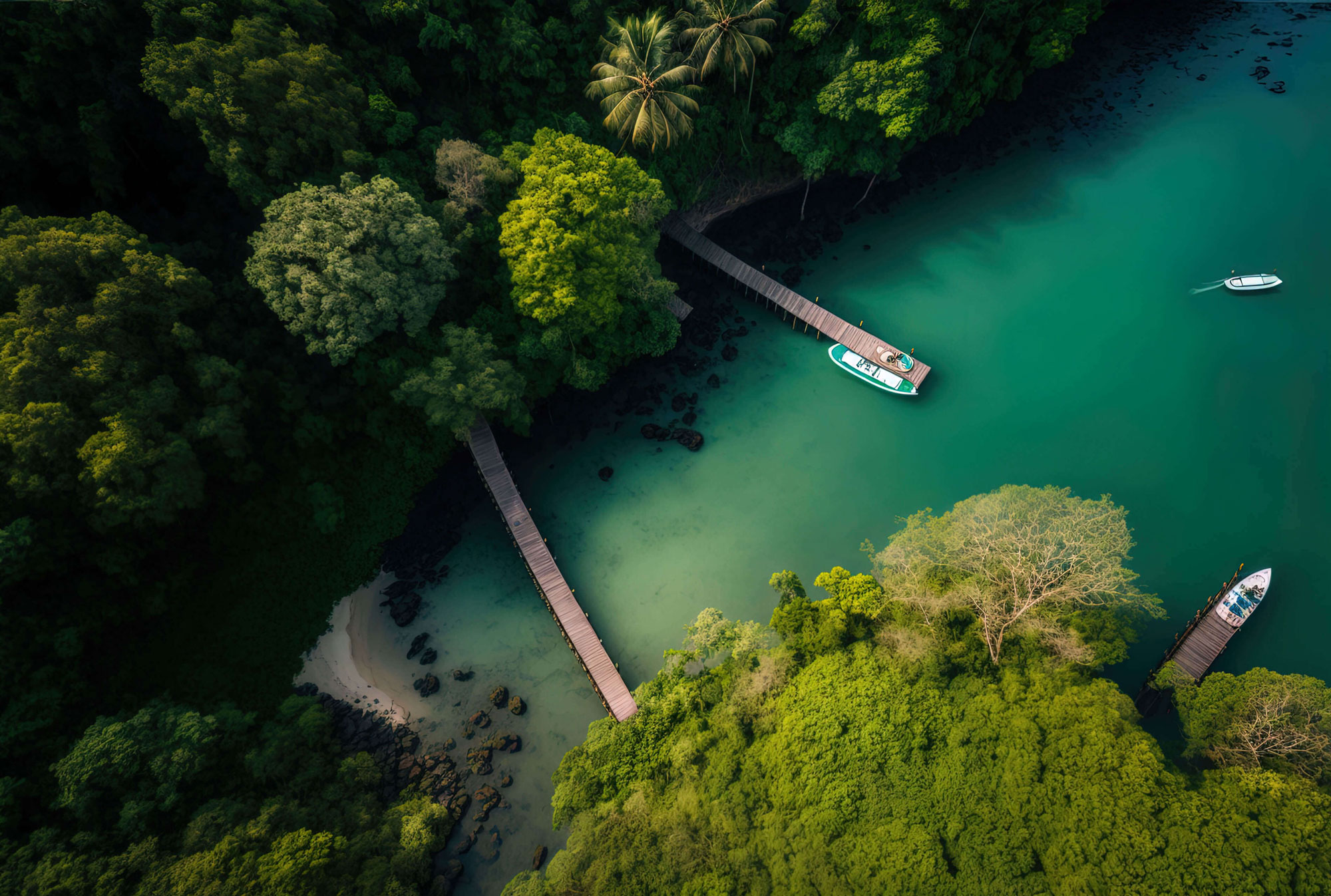 Aerial view of jungle dock with boats, Golfo Dulce Costa Rica