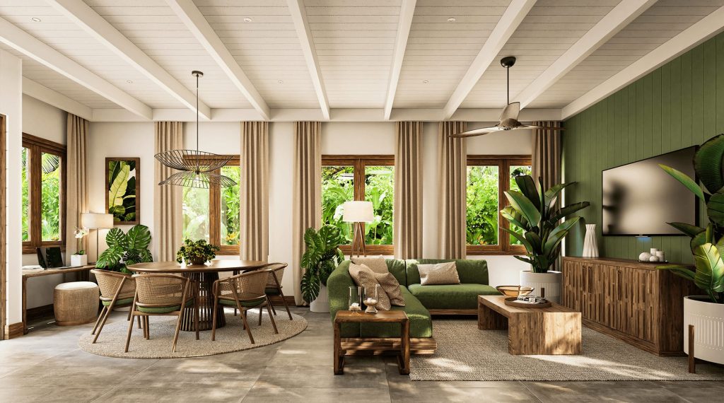 Open-plan living and dining room of a turnkey home in Costa Rica, with wood finishes, green accents, and jungle views through the windows.