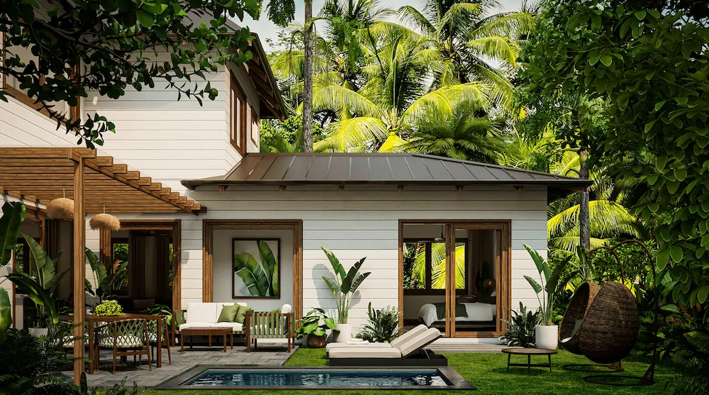 Rendering of a luxury home with private pool, pergola, and indoor-outdoor living at The Sanctuary in Golfito, Costa Rica