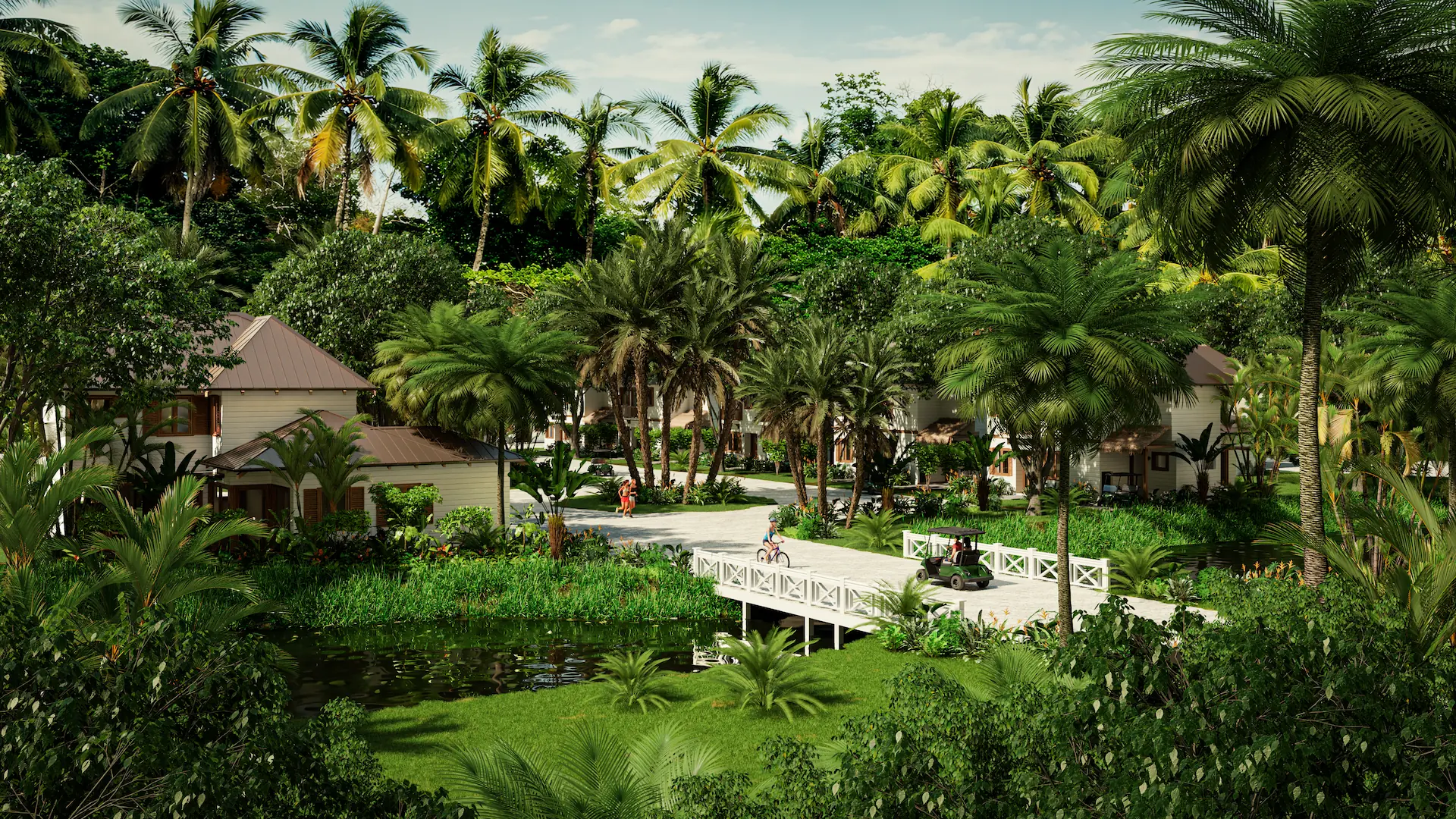 Landscaped bridge over a pond