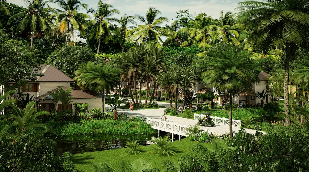 Rendering of The Sanctuary's walkable palm-lined residential streets at Marina Bahia Golfito, with the sea visible beyond