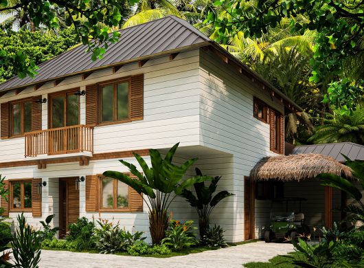Model Home C two-story exterior with louvered shutters, balcony, and palapa carport, Marina Bahía Golfito