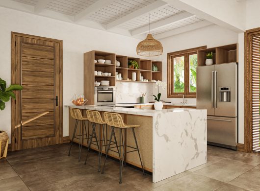 Model Home B kitchen with marble island, rattan bar stools, and open shelving, Sanctuary Boutique Residences