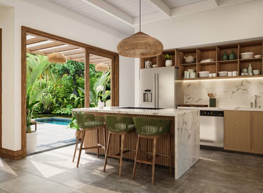 Model Home A kitchen with marble island opening to private pool and tropical garden, Golfito Costa Rica