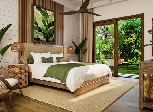 Sanctuary Boutique Residences bedroom with botanical headboard, Marina Bahía Golfito